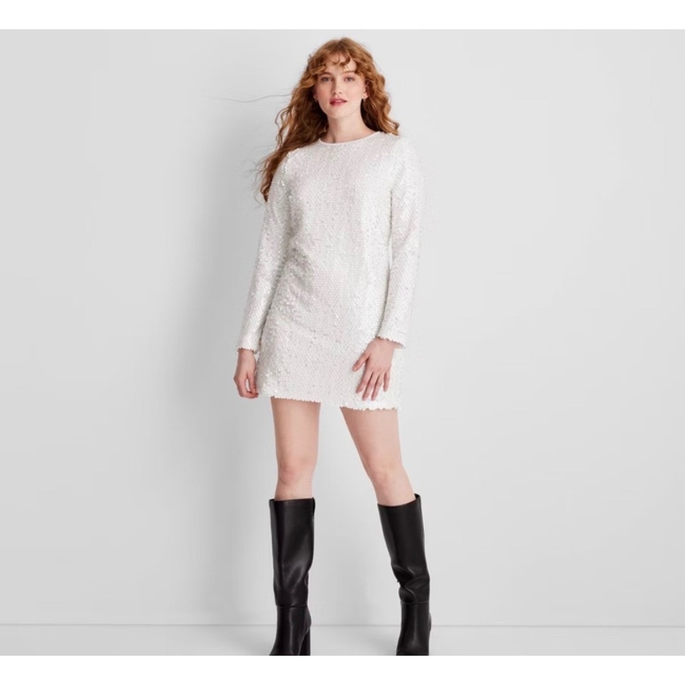 Future Collective Dress Women White Sequin Long Sleeve Mini Party Sparkle L